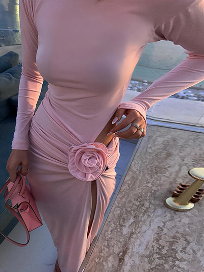 3D Floral Design Long Sleeved Midi Dress